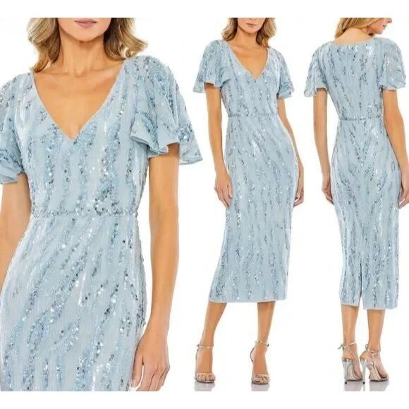 MAC DUGGAL 93591 SEQUINED V-NECK FLUTTER SLEEVE TEA LENGTH POWDER BULE GOWN 18 - Picture 1 of 9
